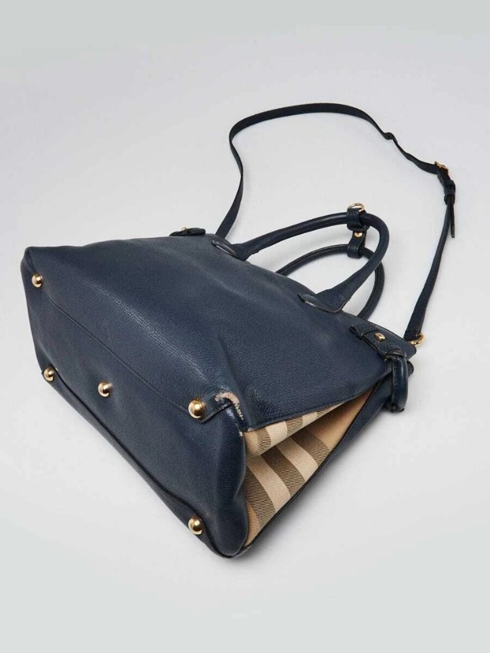 Burberry Blue Pebbled Leather House Check Medium Banner Tote Bag - Picture 3 of 12